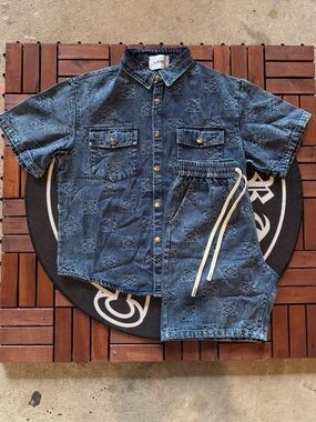 Loewe Indigo Embossed Denim Short Sleeve Shirt & Shorts Set